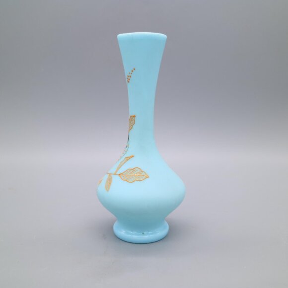 Antique Victorian Blue Bristol Glass Vase with Hand Painted Bird and Floral - Picture 6 of 9